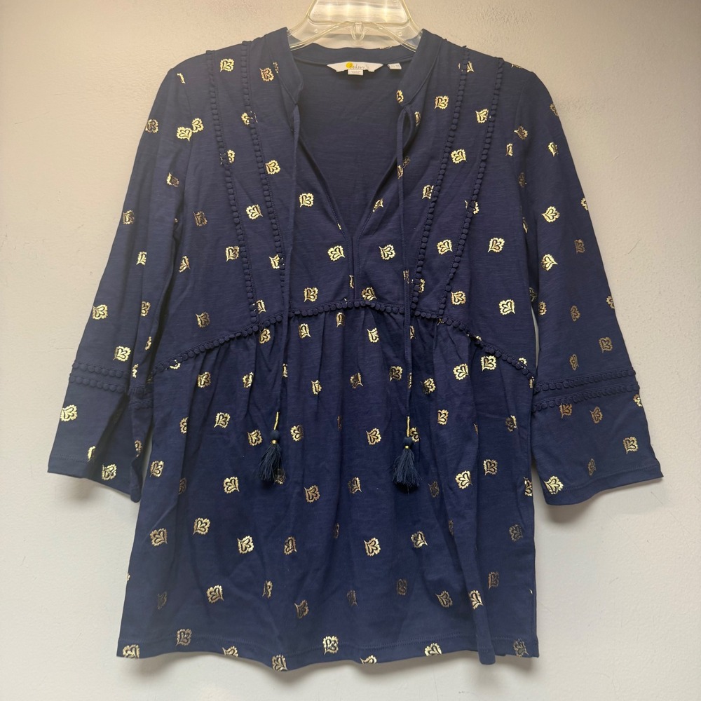 Boden Tunic Top Womens 4R Navy Blue Gold Foil Pom Pom Tassel 100% Cotton